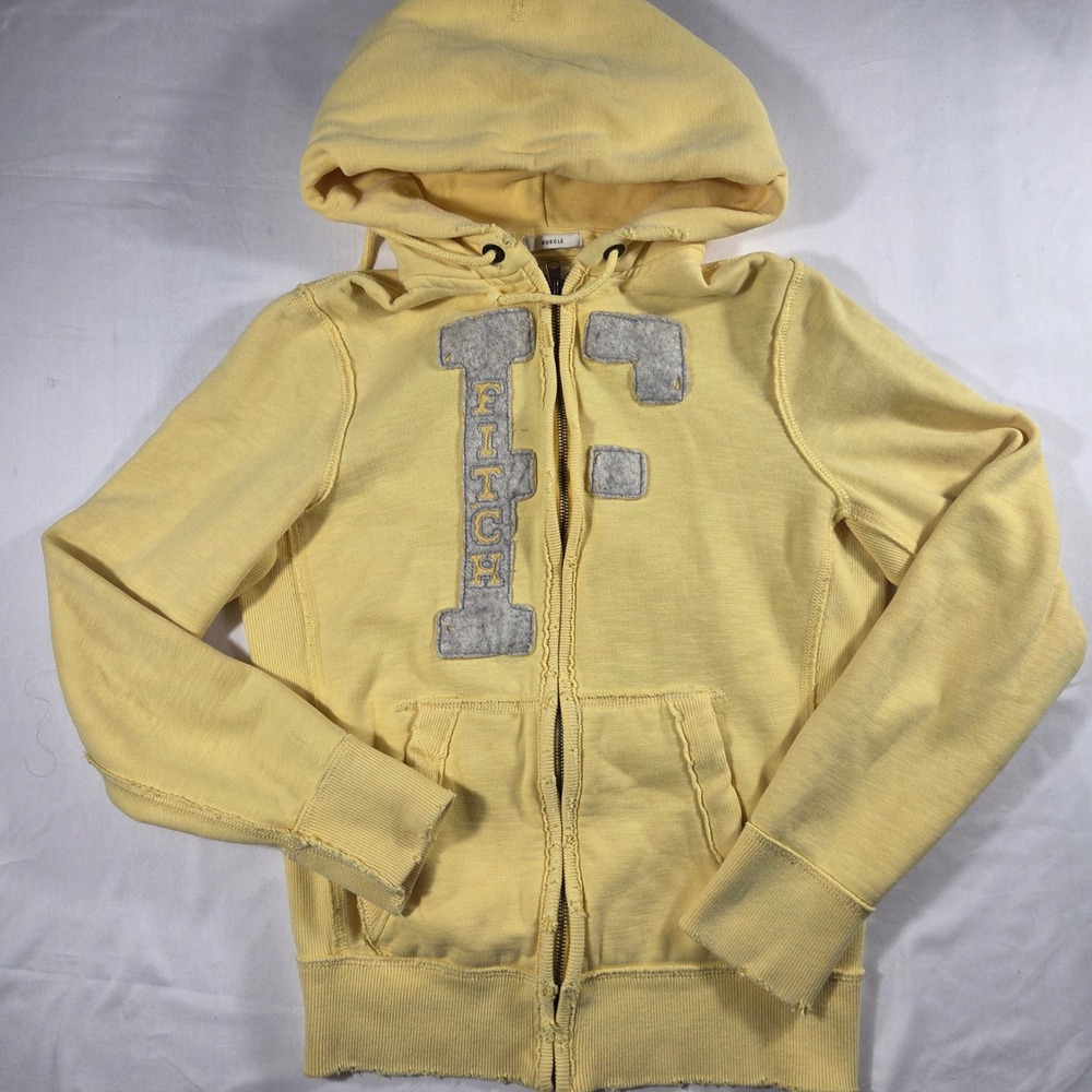 Vintage Y2K Abercrombie & Fitch Yellow Muscle Full Zip Hoodie Distressed Logo